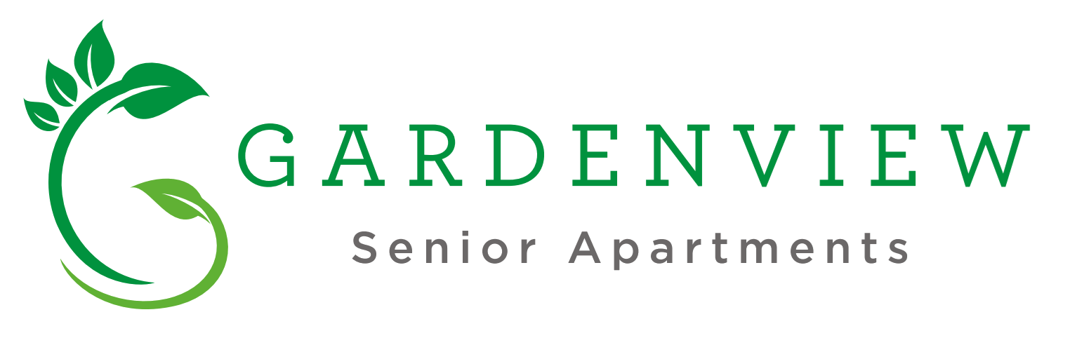 A logo for "Gardenview Senior Apartments" featuring a stylized green plant or vine.